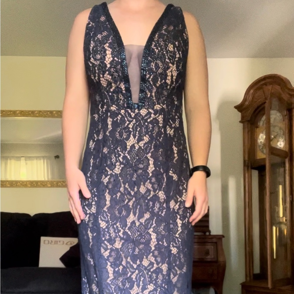 Jasz Couture Beaded Lace Deep V-Neck Sheath Dress